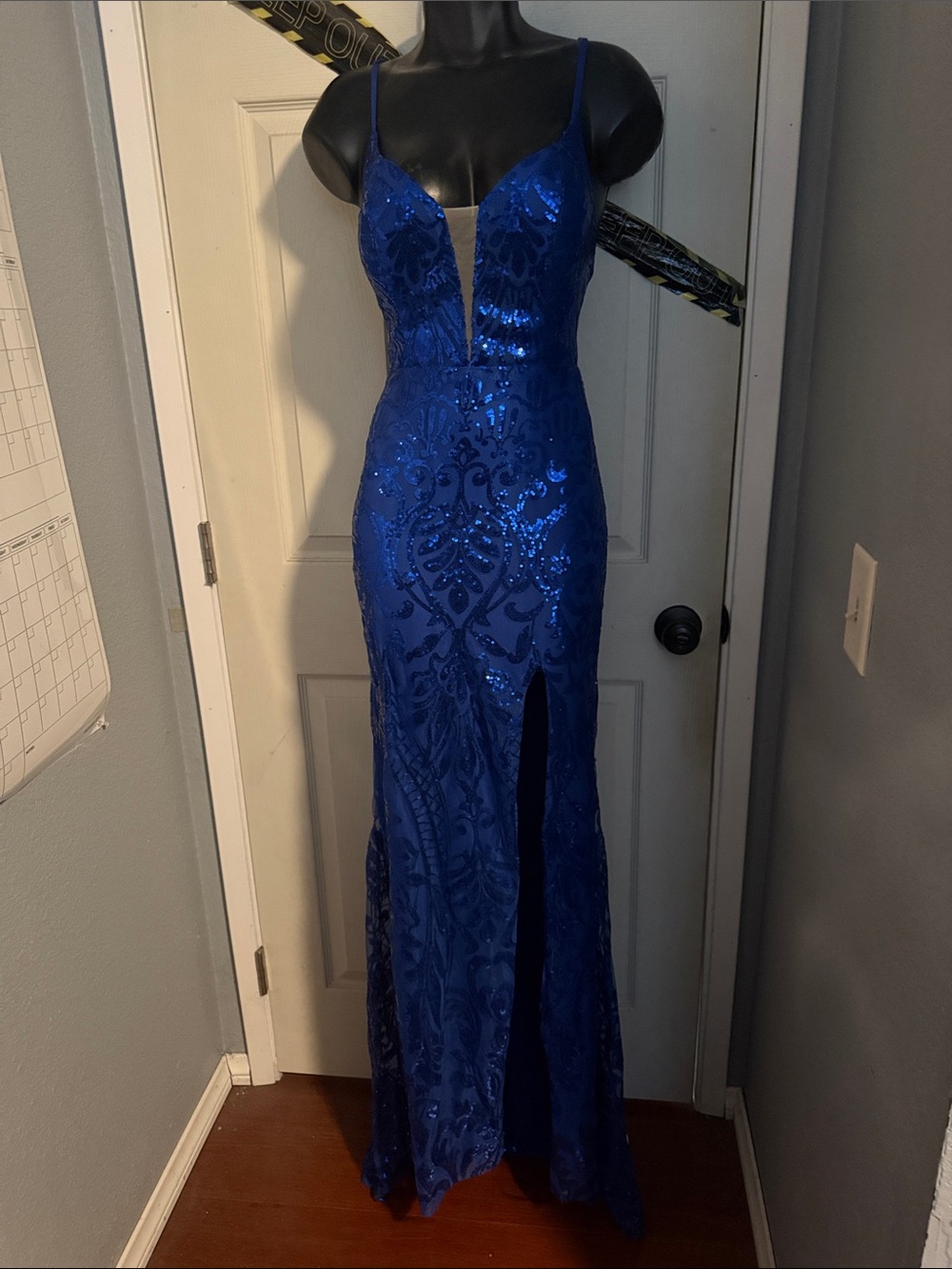 Royal Blue Sequin Evening Gown with Plunge Neck & Thigh Slit
